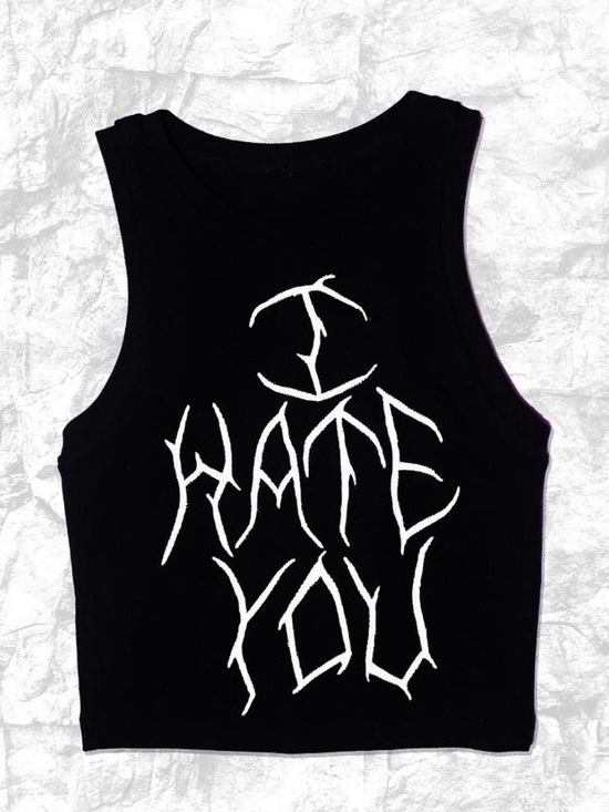 Dolls Kill Tops - Dolls Kill Black Crop Tank with White "I Hate You" Graphic